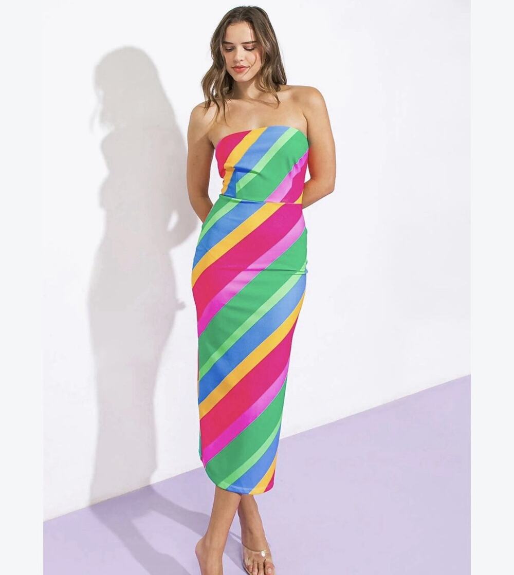 Flying Tomato All Or Nothing Ponti Midi Strapless Dress Size Medium Colorful Fun